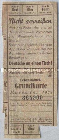 Lebensmittel-Bezugsschein aus der DDR (Berlin) mit Propagandaaufdruck für die deutsche Einheit