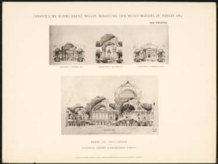 Wettbewerb Museumsinsel, Berlin: Projekt XIX, Querschnitte, Längsschnitte (aus: Concurrenzentwürfe wegen Bebauung d. Museumsinsel zu Berlin. Auswahl d. preisgekrönten u. besten Entwürfe, Berlin 1884)
