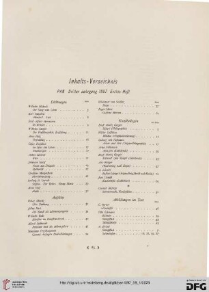 Inhaltsverzeichnis: Dichtungen, Aufsätze, Kunstbeilagen, Abbildungen