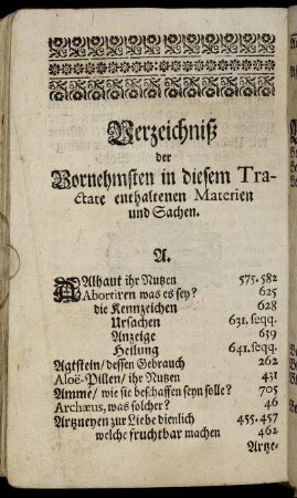 Verzeichniß der Vornehmsten in diesem Tractate enthaltenen Materien und Sachen.