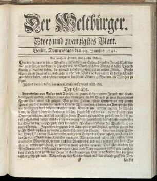 Zwey und zwanzigstes Blatt. Berlin, Donnerstags den 29. Junius 1741.