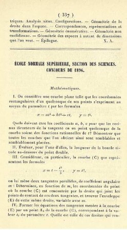 École Normale supérieure, section des sciences. Concours de 1896.