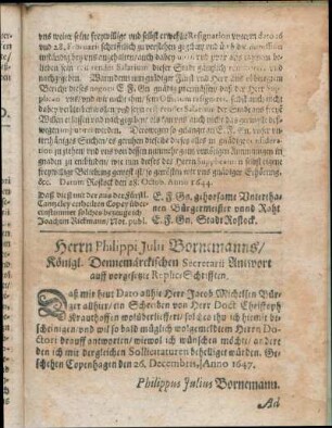Herrn Philippi Julii Bornemanns/ Königl. Dennemärckischen Secretarii Antwort auff vorgesetzte ReplicSchrifften.
