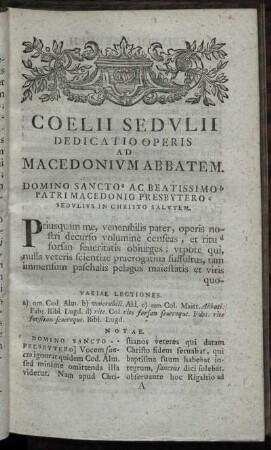 Coelii Sedulii Mirabilium Dedicatio Operis Ad Macedonium Abbatem.