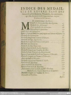 Indice Des Medailles Et Revers Tant Des Grecs, Consuls Romains, Triumsvirs, des monnoyes, que des Empereurs & Imperatrices, representez en c'est œuvre