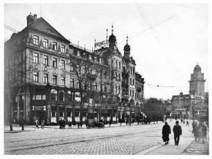 Plauen. Bahnhofstraße mit Kaffeehaus Trömel, rechts Turm des neuen Rathauses