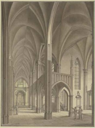 Blick in eine gotische Kirche mit Staffagefiguren in Kostümen des 17. Jahrhunderts