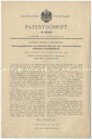 Patentschrift einer Verbrennungskraftmaschine mit veränderlicher Dauer der unter wechselnden Überdruck stattfindenden Brennstoffeinführung, Patent-Nr. 86946