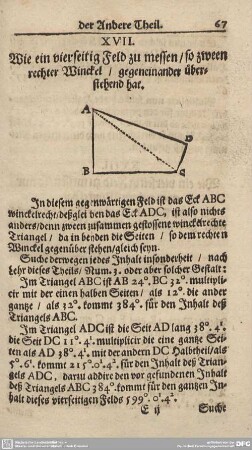 XVII. Wie ein vierseitig Feld zu messen/so zween rechter Winckel/gegeneinander überstehend hat.