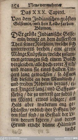 Das XXX. Capitel. Von dem Indianischen grösten Gelsemin/mit den Leib-farben Blumen.