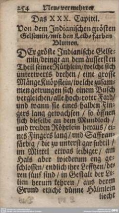 Das XXX. Capitel. Von dem Indianischen grösten Gelsemin/mit den Leib-farben Blumen.