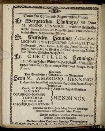 Denen Viel Ehren- und Tugendreichen Frawen Fr. Margarethen Lünsings [...] Fr. Wendelen Hennings [...] Fr. Coecilien Hennings [...] Herrn M. Ambrosio Hennings [...]