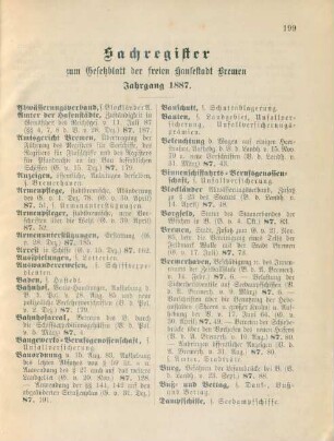 Sachregister zum Gesetzblatt der freien Hansestadt Bremen. Jahrgang 1887
