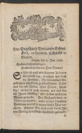 Herr Engelhard Benjamin Schwickert, an Herrn D. Schmidt in Gießen. Leipzig den 5. Jan. 1772.