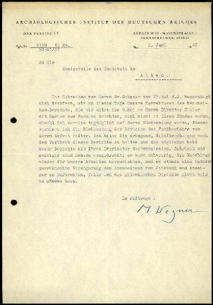 M. Wegner an DAI Athen