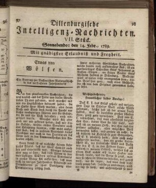 VII. Stück. Sonnabends: den 14. Febr., 1789.
