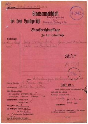 Angeklagter: Reichenbach, Georg (Ortsbauernführer); Oberglottertal *11.11.1898 in Oberglottertal; + ? Delikt: Verbrechen gegen die Kriegswirtschaftsverordnung Schwarzschlachtung Tatort: Oberglottertal Tatzeit: März 1942