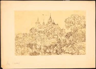 Hradschin, Prag: Perspektivische Ansicht mit Umgebung und Staffage (Nach- oder Durchzeichnung nach: Illustrirte Zeitung, 1874, 1631, S. 264))