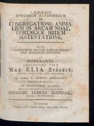 Specimen Academicum De Congregatione Animalium In Arcam Noae, Eorumque Ibidem Sustentatione