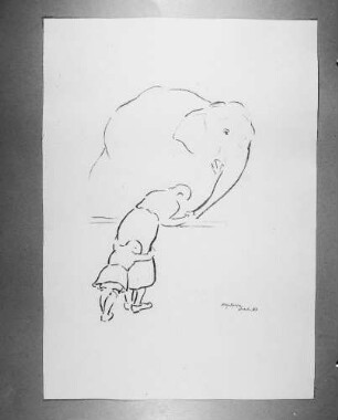 Mutter mit Kind am Elefantengehege im Zoo Dresden : Mutter mit Kind am Elefantengehege im Zoo Dresden. Kohlezeichnung (1963; E. Richter) Eigentum der Künstlerin