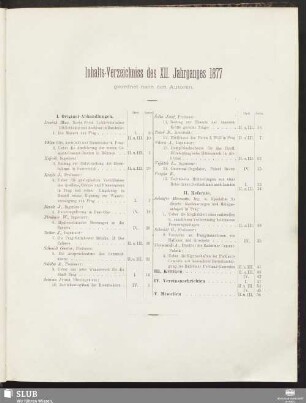 Inhalts-Verzeichniss des XII. Jahrganges 1877 geordnet nach den Autoren