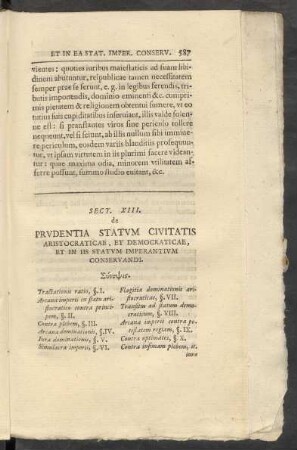Sect. XIII. de Prudentia Statum Civitatis Aristocraticae, Et Democraticae, Et In Iis Statum Imperantium Conservandi.