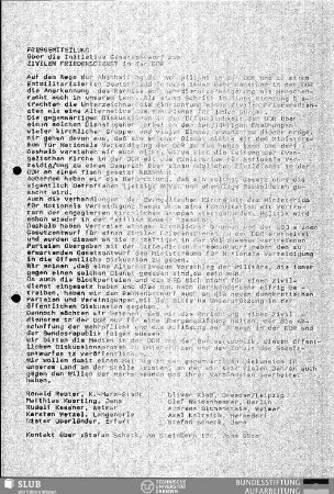Pressemitteilung über die Initiative Gesetzentwurf zum Zivilen Friedensdienst in der DDR
