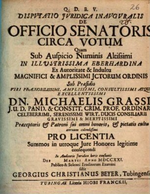 Disp. iur. inaug. de officio senatoris circa votum