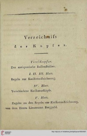 Verzeichniss der Kupfer