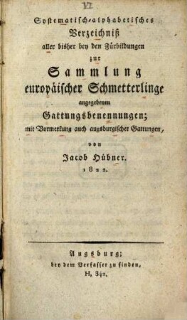 Systematisch alphabetisches Verzeichniß aller bisher bey den Fürbildungen zur Sammlung europäischer Schmetterlinge angeg. Gattungsbenennungen