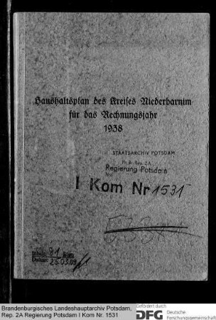 Haushaltspläne des Kreises Niederbarnim für das Rechnungsjahr 1938