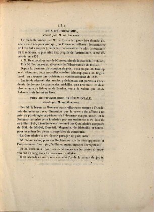 Académie Royale des Sciences. Séance publique du lundi 28 décembre 1835 : annonce des prix décernés par l'Académie des Sciences pour l'année 1835
