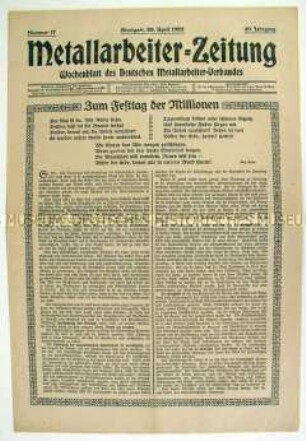Wochenzeitung des Deutschen Metallarbeiter-Verbandes u.a. zum 1. Mai