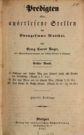 Predigten über auserlesene Stellen des Evangeliums Matthäi. 1