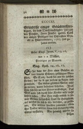 CCCCXI. Grundriße einiger Gedächtnißpredigten, [...] (I.) Ueber Klagl. Jerem. V, 15. 16.