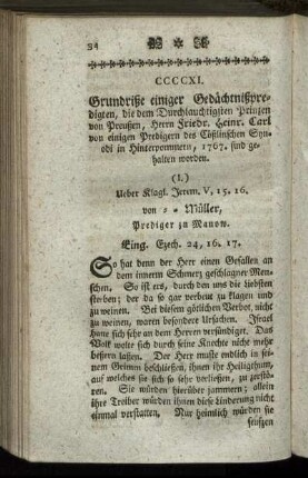 CCCCXI. Grundriße einiger Gedächtnißpredigten, [...] (I.) Ueber Klagl. Jerem. V, 15. 16.