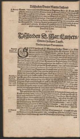 XVII. Tischreden D. Mar: Luthers/ Von der heiligen Tauffe.