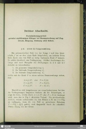 Dritter Abschnitt. Formänderungsarbeit gerader stabförmiger Körper bei Beanspruchung auf Zug, Druck, Biegung, Drehung oder Schub.