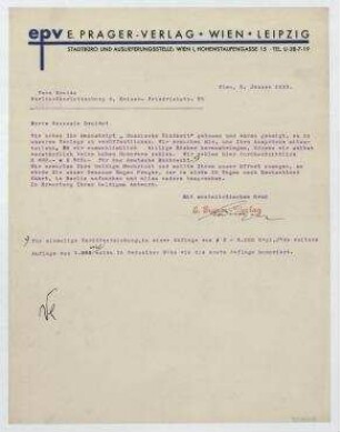 Brief von E. Prager-Verlag an Vera Broido. Wien
