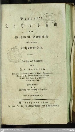 Bezout's Lehrbuch der Arithmetik, Geometrie und ebenen Trigonometrie : Beil.