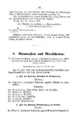 Bekanntmachung wegen Zusammensetzung der Wissenschaftlichen Prüfungs-Commissionen für das Jahr 1861 : [II. Gymnasien und Realschulen]