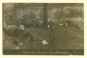 "Opfer der Revolutionskämpfe."; Drei Erschossene vor einer Wand.