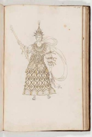 Frau in prachtvollem Gewand mit Krone und Zepter, in: Equestrium statuarum [...] formae [...] artificiosissime pictis, Bl. 75