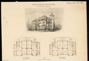 Villa für zwei Familien, Berlin-Grunewald Monatskonkurrenz März 1890, engerer Wettbewerb April 1890: Grundriss Erdgeschoss in 2 Varianten, perspektivische Ansicht; Maßstabsleiste