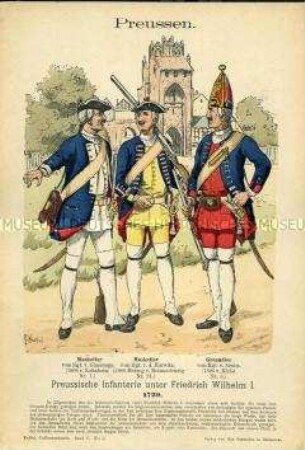 Uniformdarstellung, Musketiere und Grenadier der Infanterie-Regimenter No. 1, 21 und 5, Königreich Preußen, 1729.