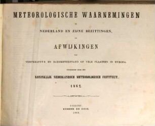 Meteorologische waarnemingen in Nederland en zijne bezittingen en afwijkingen van temperatuur en barometerstand op vele plaatsen in Europa : = Observations météoroloqiques en Néerlande. [14]. 1862