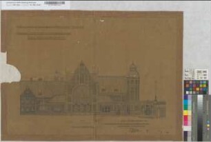 Neubau des Empfangsgebäudes [Bahnhof] Gelsenkirchen: Hauptansicht, M.~1:100 Hge, Sknr.: 2, Fanr.: 19, Bunr.: 26