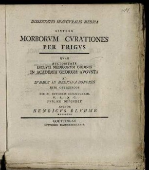 Dissertatio Inauguralis Medica Sistens Morborum Curationes Per Frigus