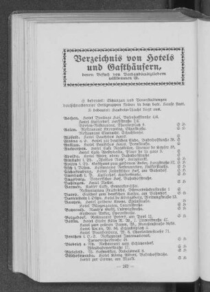 Verzeichnis von Hotels und Gasthäusern, denen Besuch von verbandsmitgliedern willkommen ist.