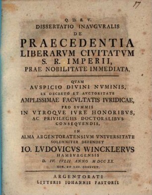 Dissertatio inauguralis de praecedentia liberarum civitatum S. R. Imperii, prae nobilitate immediata